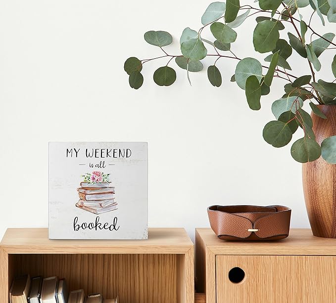 Mtrgdn Kids Bookshelf Decor,My Weekend is Booked Book Wood Desk Sign,Cute Small Bookshelf Reading Decor for Homeschool Library Tadder Reading Room Decorations,5x5 Inch