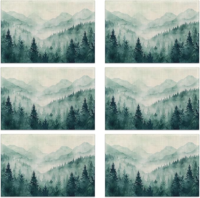 Watercolor Forest Landscape Linen Placemats Set of 6, Decorative Table Mats 12x18 Inch, Washable Heat Resistant Placemats for Dining Table Kitchen Home Decor