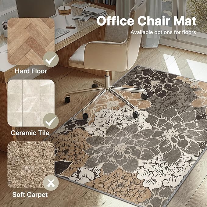 36"x48" Office Chair Mat for Hardwood Tile Floor, Under Desk Carpet Protector for Rolling Computer Chair Mat, Machine Washable Area Rug, Anti-Slip 1/5" Thick Low Pile Thin Vinyl Floor Mat, Grey Beige