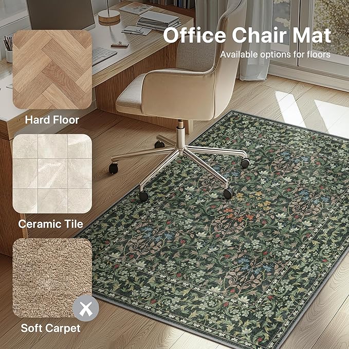 48"x60" Office Chair Mat for Hardwood Tile Floor, Under Desk Carpet Protector for Rolling Computer Chair Mat, Machine Washable Area Rug, Anti-Slip 1/5" Thick Low Pile Thin Vinyl Floor Mat, Moss Green