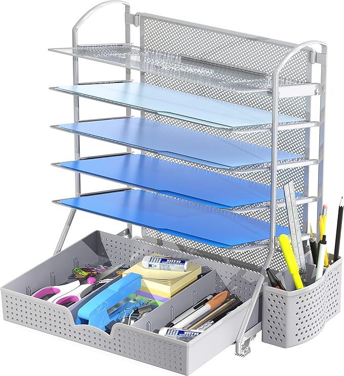 Simple Houseware 6-Tier Desk Document File Tray Organizer with Sliding Drawer, Silver