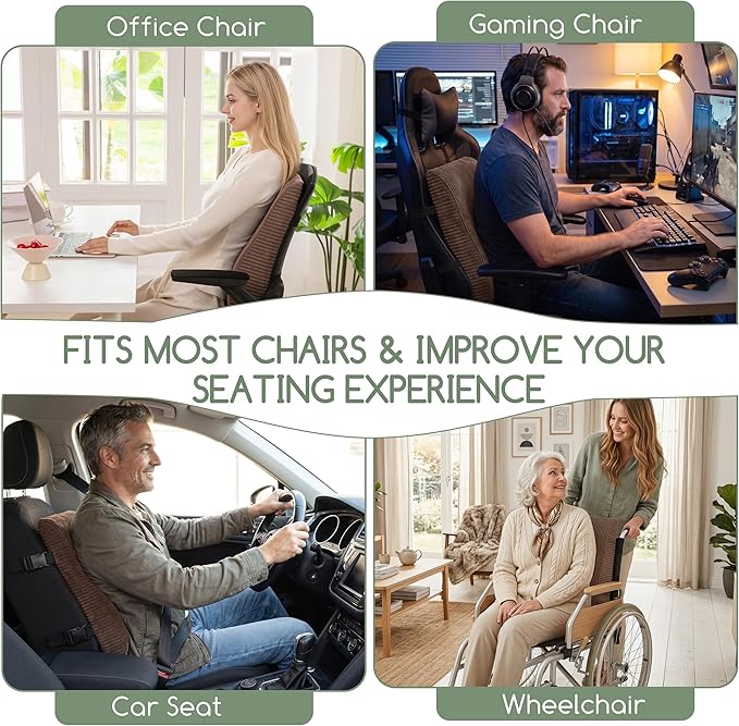 Ergonomic Lumbar Support Pillow for Lower Back Pain Relief, Corduroy Cover Back Support Cushion with Adjustable Straps, Large Size Lumbar Pillow for Office, Gaming & Home Essentials, Large, Brown