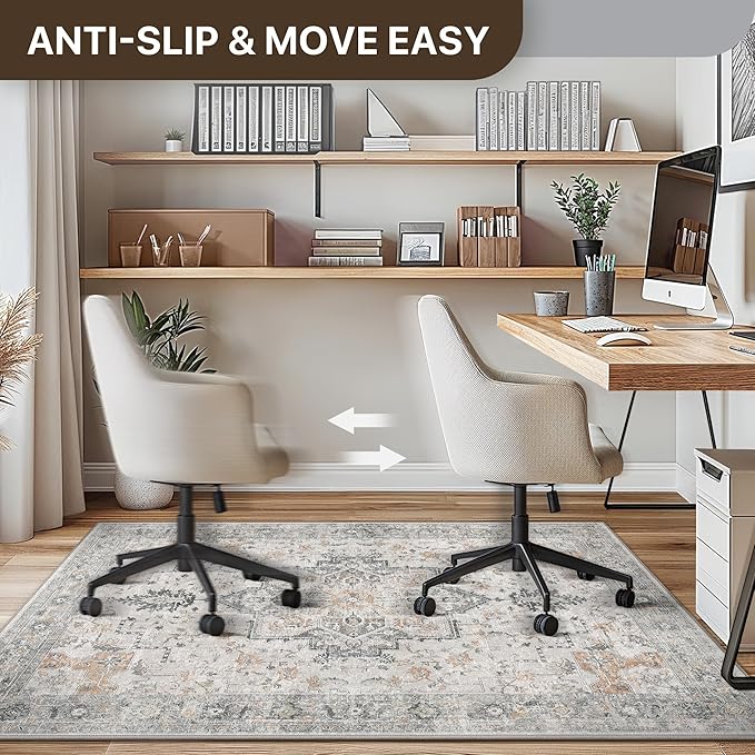 48"x48" Office Chair Mat for Hardwood Tile Floor, Under Desk Carpet Protector for Rolling Computer Chair Mat, Machine Washable Round Area Rug, Anti-Slip 1/5" Thick Low Pile Thin Floor Mat, Taupe