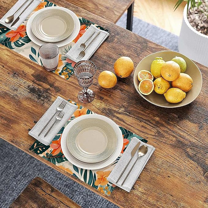Placemats Set of 6, Tropical Floral Orange Flowers Linen Placemats 12x18 Inch, Heat Resistant Table Mats, Washable Non Slip Place Mats for Dining Table Kitchen Home