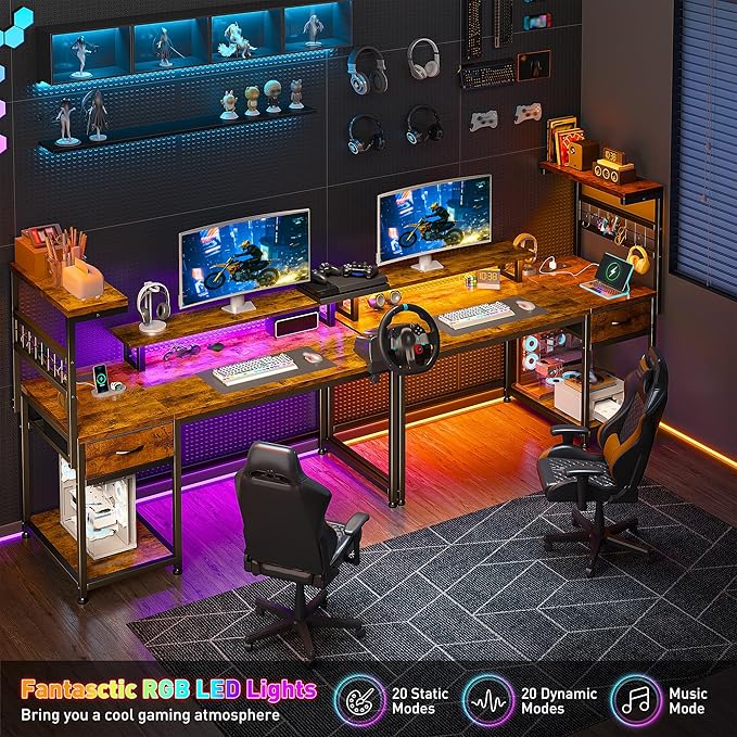 EnHomee 48" Computer Desk with Power Outlets & LED Lights, Gaming Desk with Drawer & Storage Shelves, Reversible Home Office Desk with Monitor Stand, for Living, Study Room, Gaming Room, Rustic Brown