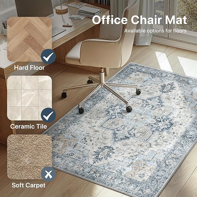 36"x48" Office Chair Mat for Hardwood Tile Floor, Under Desk Carpet Protector for Rolling Computer Chair Mat, Machine Washable Area Rug, Anti-Slip 1/5" Thick Low Pile Thin Vinyl Floor Mat, Blue
