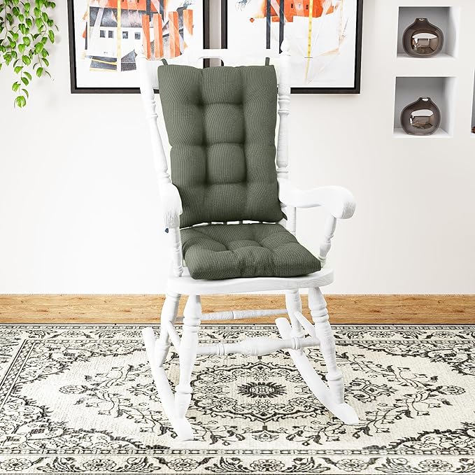 Klear Vu Omega Non-Slip Rocking Chair Cushion Set with Thick Padding and Tufted Design, Includes Seat Pad & Back Pillow with Ties for Living Room Rocker, 17x17 Inches, 2 Piece Set, Celadon