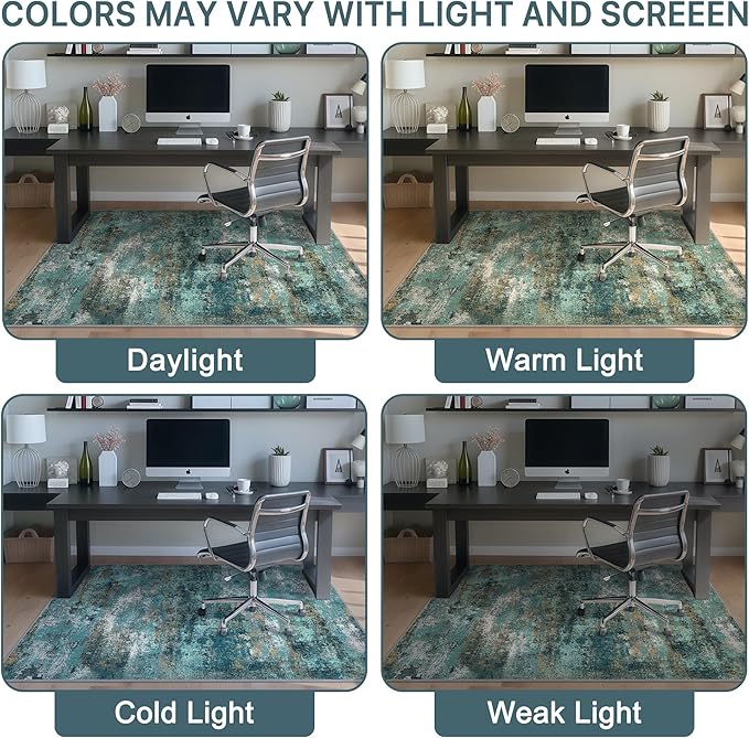 48"x60" Office Chair Mat for Hardwood Tile Floor, Under Desk Carpet Protector for Rolling Computer Chair Mat, Machine Washable Area Rug, Anti-Slip 1/5" Thick Low Pile Thin Vinyl Floor Mat, Teal Blue