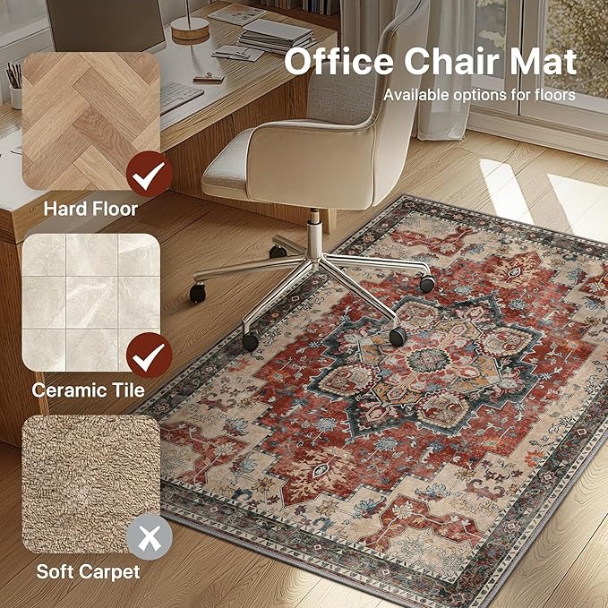 60"x60" Office Chair Mat for Hardwood Tile Floor, Under Desk Carpet Protector for Rolling Computer Chair Mat, Machine Washable Round Area Rug, Anti-Slip 1/5" Thick Low Pile Thin Floor Mat, Annatto