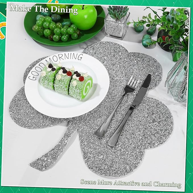 Silver Placemat, Sparkle Glitter Rhinestones Table Mat Crushed Diamond Shamrock Table Placemat 16inch for St. Patrick's Day Home Kitchen Dinning Decorations