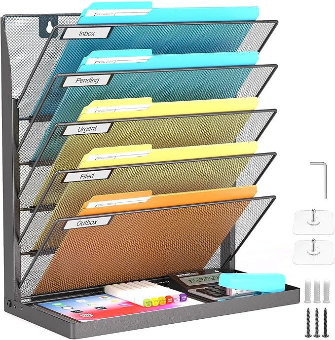 Legal/Letter Size 6 Tier Wall File Organizer,2-in-1 Wall Mounted&Desktop File Holder,2 Installation Methods Screws & Adhesive,Mesh Document Organizer with Label Plate for Home Office