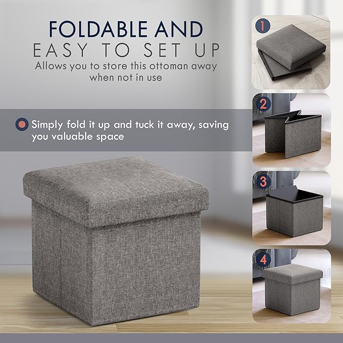 Ornavo Home Small Storage Ottoman Foldable Collapsible Cube Square Linen Ottoman Foot Rest Stool Seat, for Living Room, Bedroom, Home Office, Dorm - 12 x 12 x 12, Dark Gray
