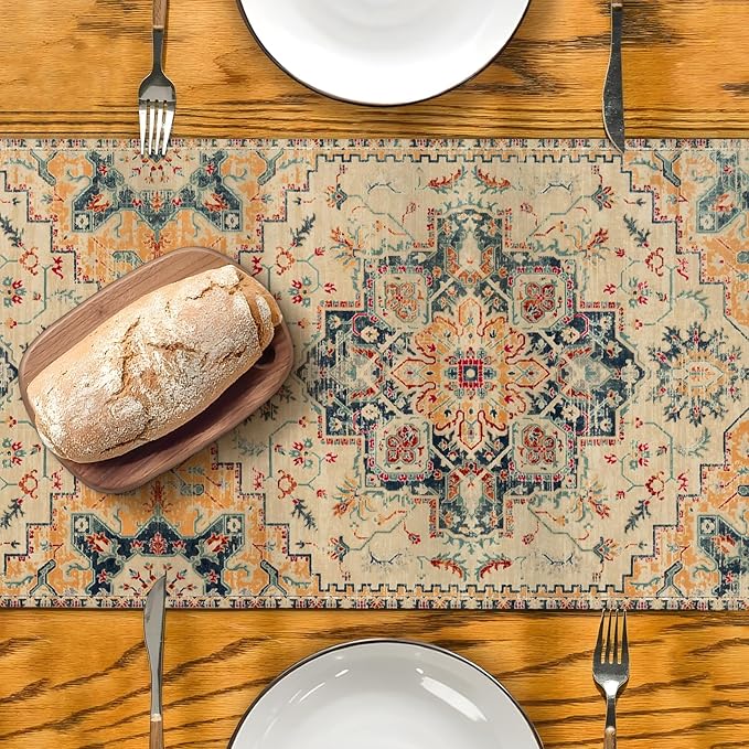 Boho Beige Table Runner,Vintage Elegant Farmhouse Table Center Linen Decor,Country Rustic Farmhouse Magical Fall Kitchen Dining Table Decoration for Home Dining Party Decor 13x108 Inch