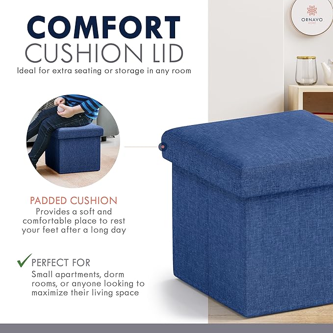 Ornavo Home Small Storage Ottoman Foldable Collapsible Cube Square Linen Ottoman Foot Rest Stool Seat, for Living Room, Bedroom, Home Office, Dorm - 12 x 12 x 12, Navy Blue