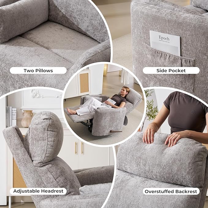 Oversized Swivel Rocker Recliner with Massage and Heat, Rocker Nursery Recliner for Adults with Adjustable Headrest, 26" Extra Wide Nursery Chair with 2 Pillows, Light Grey