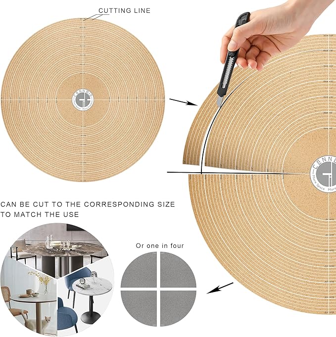 CENNBIE 18 Inches Round Placemats - Cork & Leather Table Mat - Suitable as Side Dining Coffee Table Cover Protector - Can Be Cut to Fit (6"-18", Black)