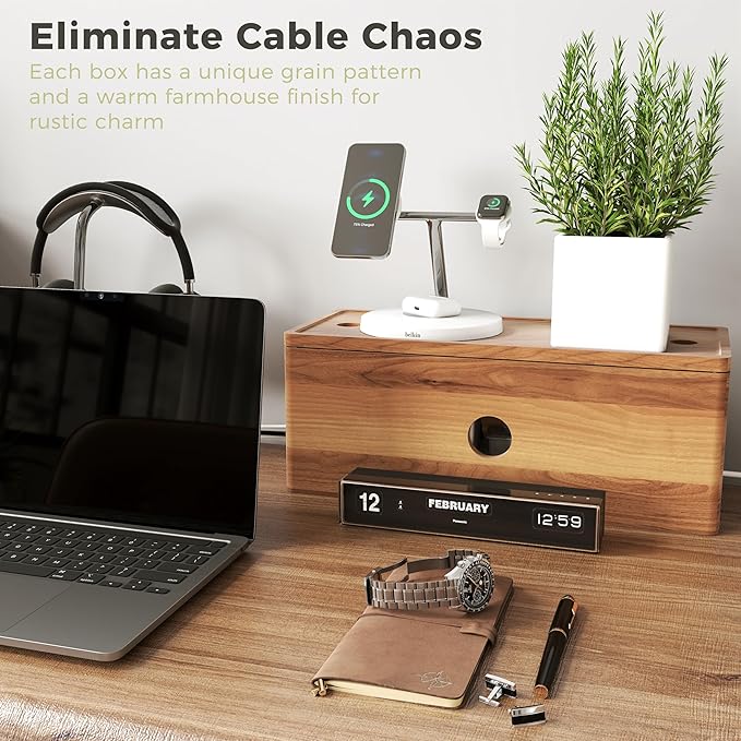 Acacia Wooden Large Floor Cord Cover Box for Power Strips, Low Profile Cable Concealer for Floor Wires and Extension Cords, Cord Protector and Wire Hider for TV, Router, Home Office and Living Room