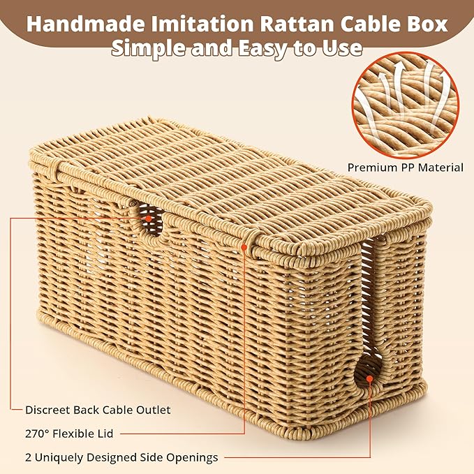 Large Cable Management Box, Handwoven Imitation Rattan Cord Organizer Cord Hider Box, Cable Organizer Box for Desk, Cord Management Box to Hide Cords and Power Strips 13.5" L x 6.2" W x 6" H, Brown