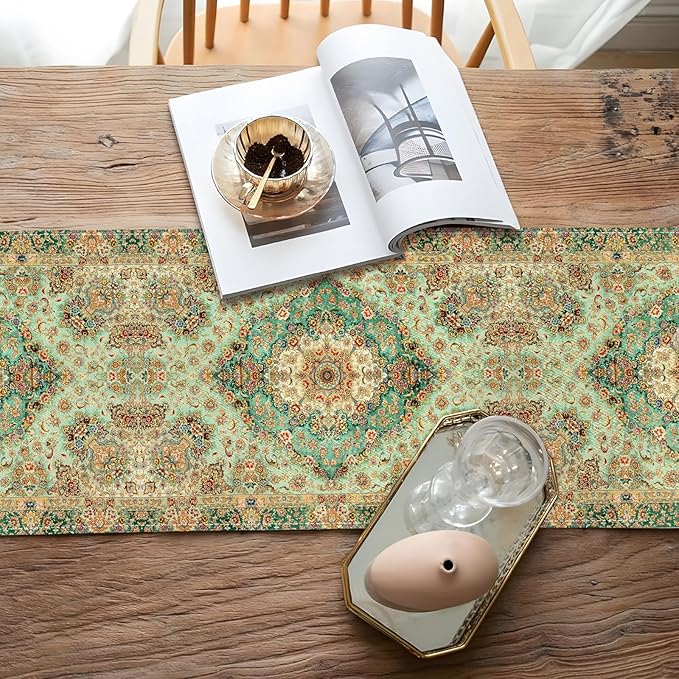 Boho Floral Green Table Runner,Vintage Elegant Farmhouse Table Center Linen Decor,Country Rustic Farmhouse Magical Fall Kitchen Dining Table Decoration for Home Dining Party Decor 13x108 Inch