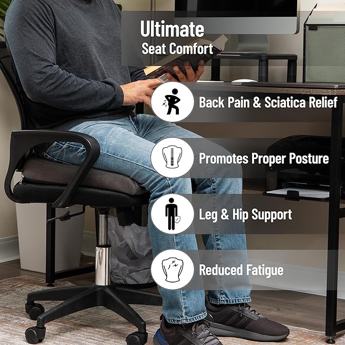 Mind Reader Air-Cloud Seat Cushion, Ergonomic Support for Posture, Pressure Relief, and Pain Reduction, Portable with Washable Cover, Memory Foam, Gray