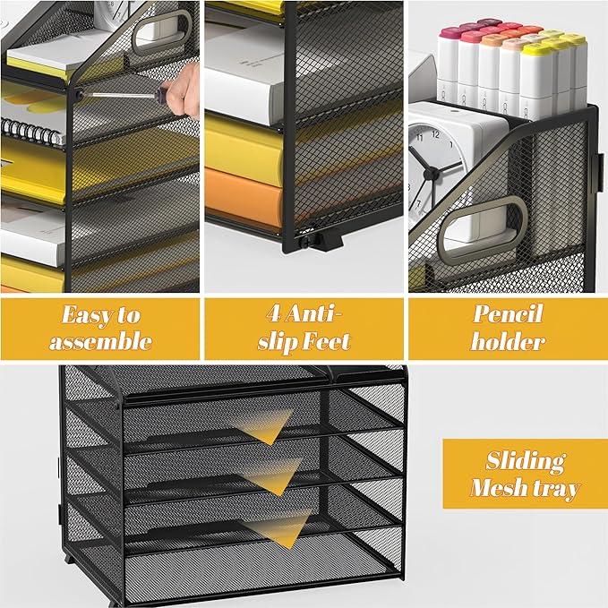 Letter Tray Paper, 5 Tier Desk Organizer with Pen Holder and Handle, Mesh File Organizer Paper Sorter Metal Desktop Document Shelf for Office Home Classroom - Black