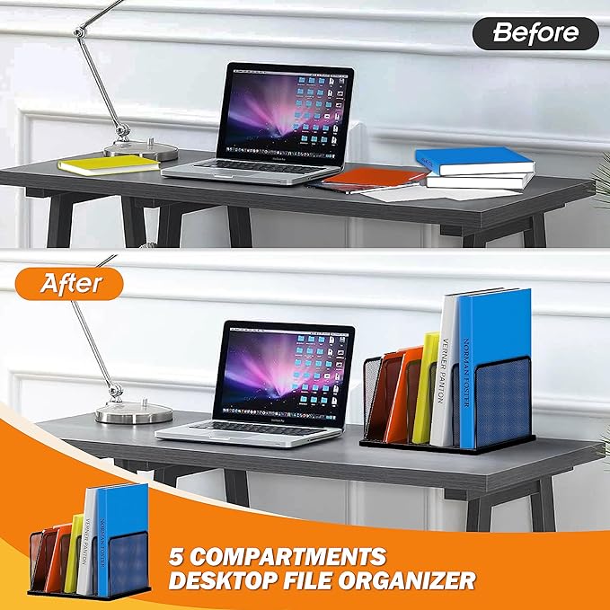 Kuntine.B Desk File Organizer Upright Mesh Desktop Organizer File Sorter Office Organization File Holder for Home, Office & Classroom (Black, 2 Pack 5-Section)