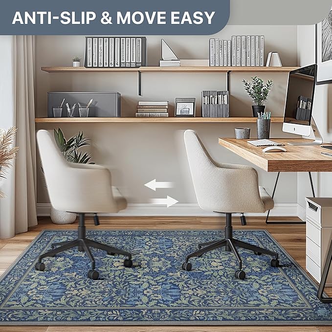 36"x48" Office Chair Mat for Hardwood Tile Floor, Under Desk Carpet Protector for Rolling Computer Chair Mat, Machine Washable Area Rug, Anti-Slip 1/5" Thick Low Pile Thin Vinyl Floor Mat, Dark Blue