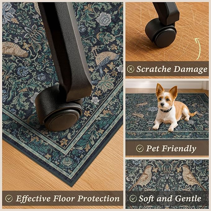 Washable Floral Small 3x4 Office Chair Mat for Hardwood Floors, Boho Blue and Green Non-Slip Low Pile Desk Rug, Machine Washable Botanical WFH Essential for Dorm Room, Stain Resistant Floral Carpet