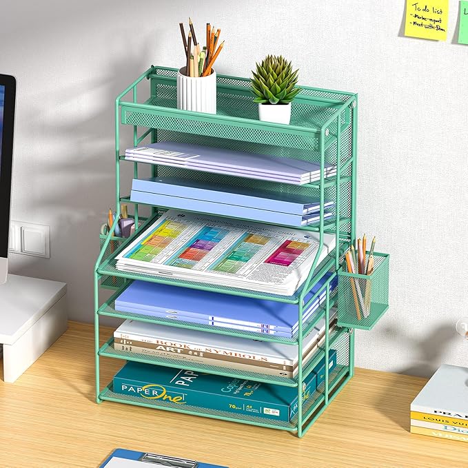 White 7 Tier Desktop File Organizer, Letter Tray Paper Organizer with Pen Holder and Metal Hanging Basket, Adjustable Vertical Desk Organizer for Office Desk Accessories