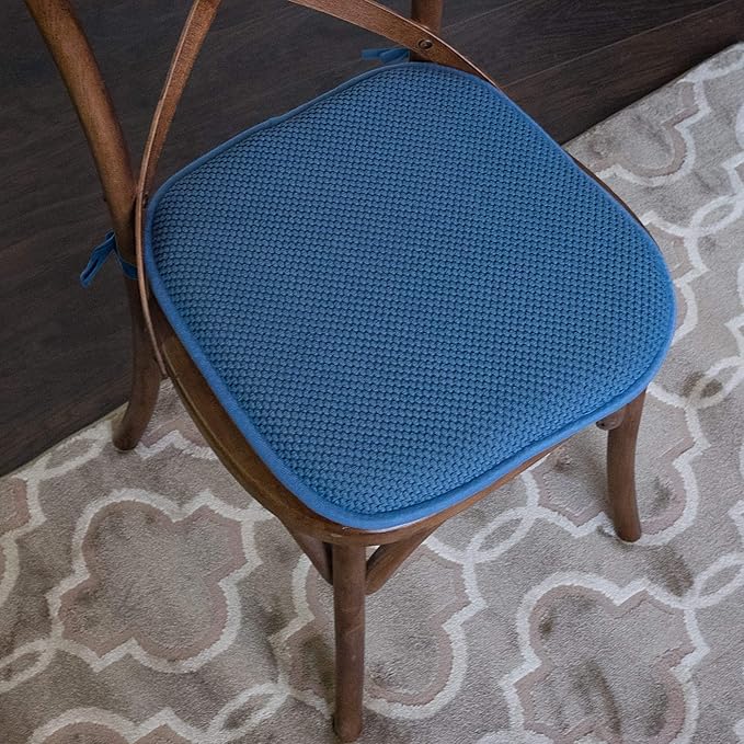 Sweet Home Collection Chair Cushion Memory Foam Pads with Ties Honeycomb Pattern Slip Non Skid Rubber Back Rounded Square 16" x 16" Seat Cover, 12 Pack, Blue 12 Pack