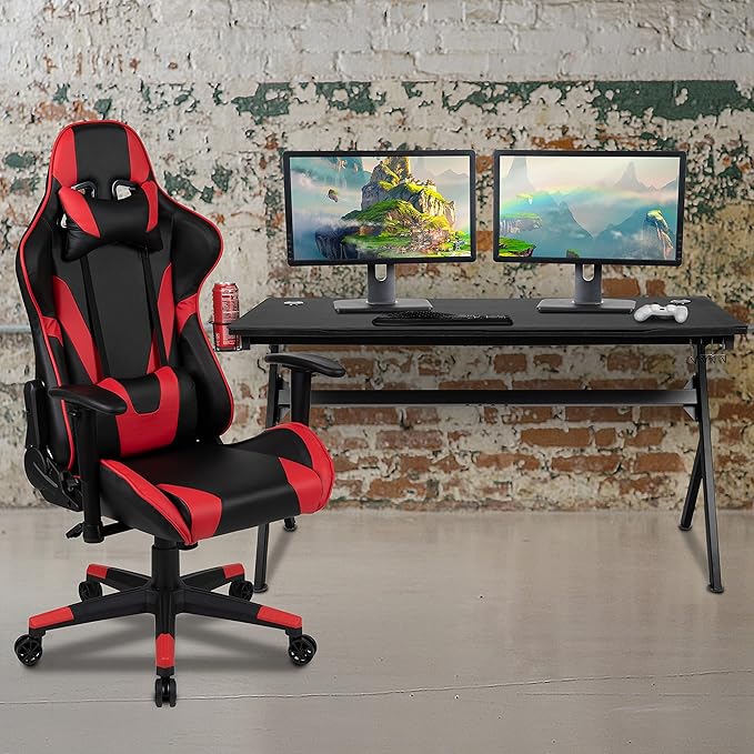 EMMA + OLIVER Black/Red Gaming Desk Bundle - Cup/Headset Holder/Mouse Pad Top