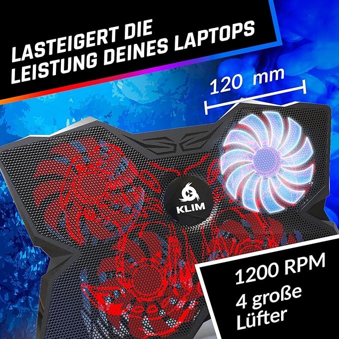 KLIM Wind Laptop Cooling Pad - More Than 500,000 Units Sold - New - Powerful Rapid Action Laptop Cooler - Laptop Stand with 4 Cooling Fans - 2 USB Ports - PC Mac PS5 PS4 Xbox One - Cobra Red