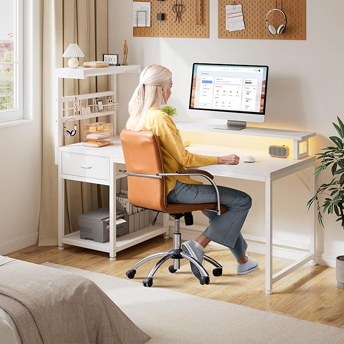 EnHomee 40" Computer Desk with Drawer & Storage Shelves, Gaming Desk with Monitor Stand, LED Lights & Power Outlets for Living Room, Study Room, Bedroom, White