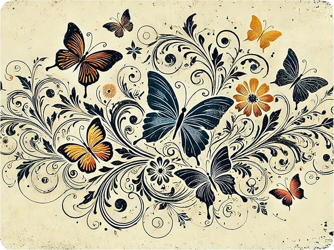Set of 4 Cork Backed Placemat, Kitchen and Dining Table Decoration Design Hard Placemat 12" x 16" (Butterfly ~ Distressed)