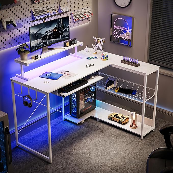 L Shaped Gaming Desk with Power Outlets & RGB Lights, 46'' L- Shaped Desk Computer Corner Desk with Monitor Stand & Storage Shelf & Hook, Home Office Desk Writing Desk, White