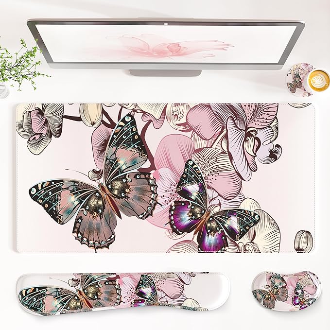 QiyI Leather Desk Mat Set, 4-in-1 Large Mouse Pad with Wrist Rest, Non-Slip Desk Pad + Keyboard Wrist Rest + Mouse Wrist Support + Coaster, Office Desk Accessories Home Decor Supplies, Butterflies