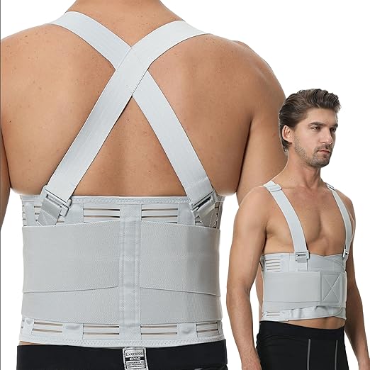 NeoTech Care Back Brace with Suspenders for Work - Industrial Lifting Safety, Elastic Compression, Hook & Loop Closure (Gray, Size M)