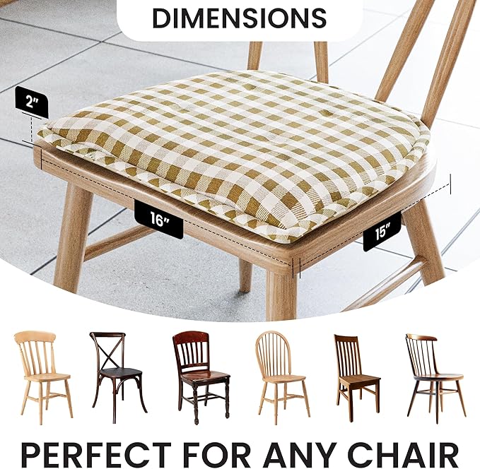 Klear Vu Omega Non-Slip Chair Cushions, Assembled in USA, U-Shaped Skid-Proof Seat Pads for Dining Room, Kitchen, Office, 15"x16" 2 Pack Gingham Natural 2 Count