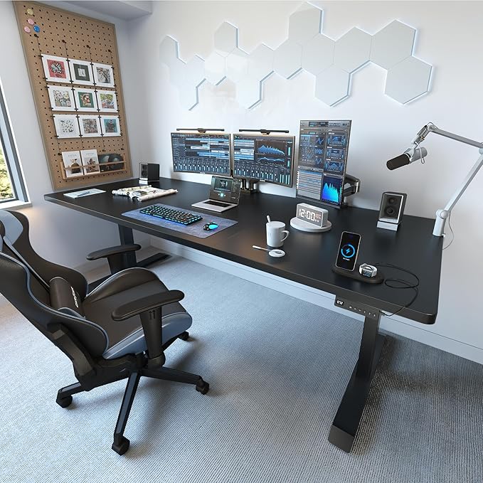 FEZIBO 63 x 37 Inch Standing Desk with Integrated Dual-Beam, Cable Management, 3 Memory Height Adjustable Computer Desk for Home Office Workstation, 1" Thick Large 3-Piece Desktop Black