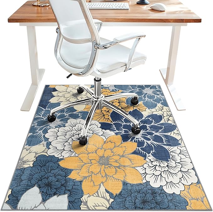 36"x48" Office Chair Mat for Hardwood Tile Floor, Under Desk Carpet Protector for Rolling Computer Chair Mat, Machine Washable Area Rug, Anti-Slip 1/5" Thick Low Pile Thin Vinyl Floor Mat, Navy Yellow