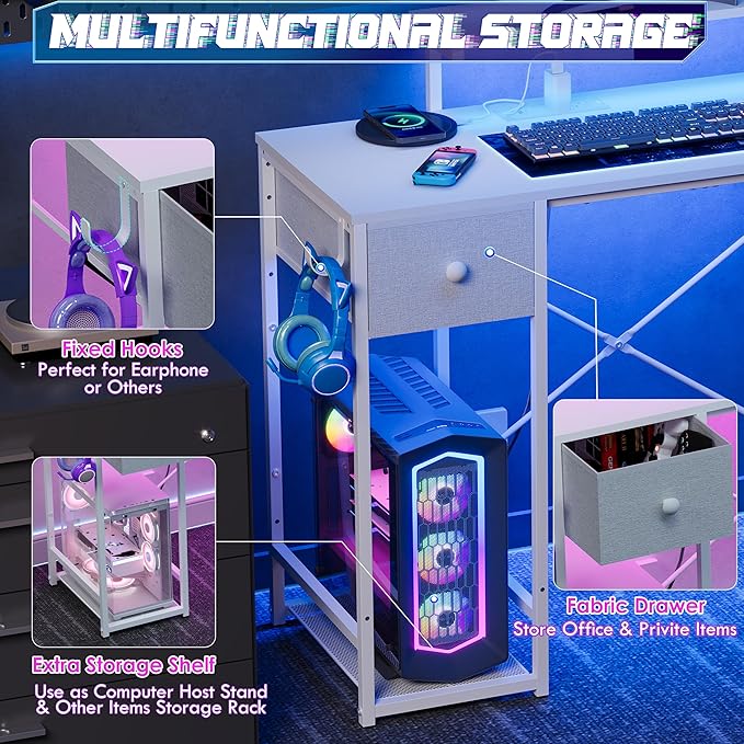 X-cosrack 33.5" Small Computer Desk with LED Lights & Outlets, Small Gaming Desk with Monitor Stand & CPU Stand, Teen Study Writing Table with Storage Drawer, Side Hooks for Bedroom, Home Office White