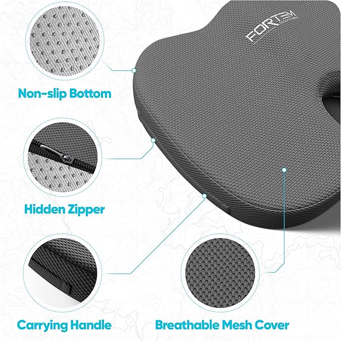 FORTEM Seat Cushion, Office Chair Cushion, Memory Foam Car Seat Cushions, Sciatica Coccyx Tailbone Pain Relief, Chair Cushions for Back Support, Sitting Pad for Gaming, Washable Cover, Non Slip