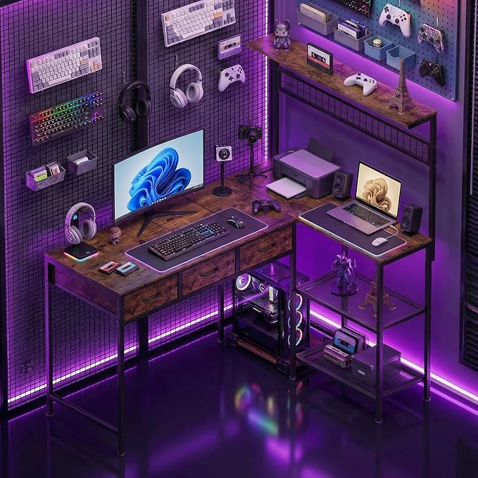 Garvee Computer Desk with 3 Fabric Drawers, 50.4 in l-Desk Display Shelves with Led Light & Power Outlet, PC Table Workstation for Home Office, Gaming Desk for Small Spaces, Rustic Brown