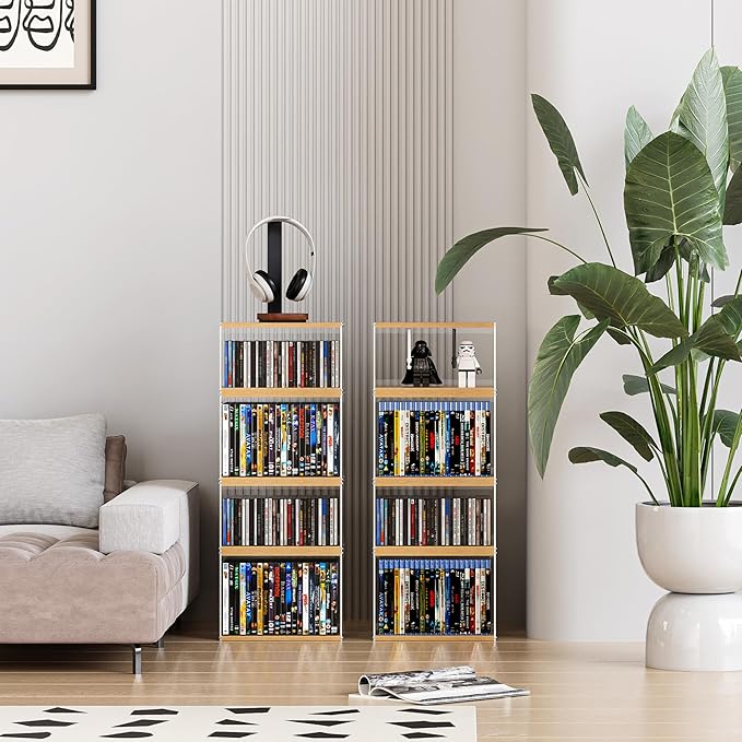 2Pack Stackable Wood Acrylic CD Holder Desk Rack Organizer Holds up to 60 CD Jewel Cases Media Storage Rack for Movie & Video Games Collections,Natural Wood