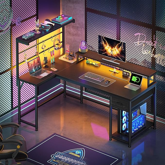 EnHomee 53" L Shaped Gaming Desk with RGB LED and Power Outlets, Reversible Corner Desk with Monitor Stand, Computer Desk with Deep Drawer & Storage Shelf for Home Office & Gaming, Black