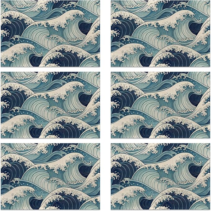 Japanese Waves Placemats Set of 6 Linen Table Mats, 12x18 Inch Washable Placemats for Dining Table, Non Slip Heat Resistant Mats for Kitchen Home Decor