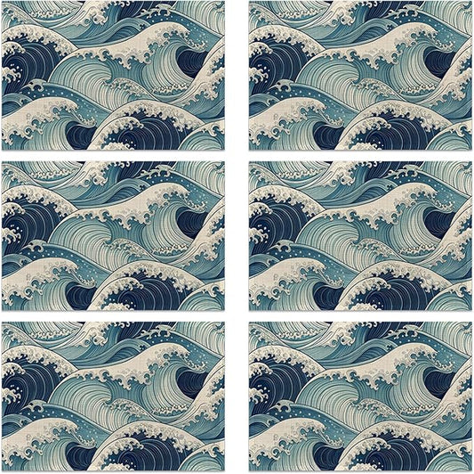 Japanese Waves Placemats Set of 6 Linen Table Mats, 12x18 Inch Washable Placemats for Dining Table, Non Slip Heat Resistant Mats for Kitchen Home Decor
