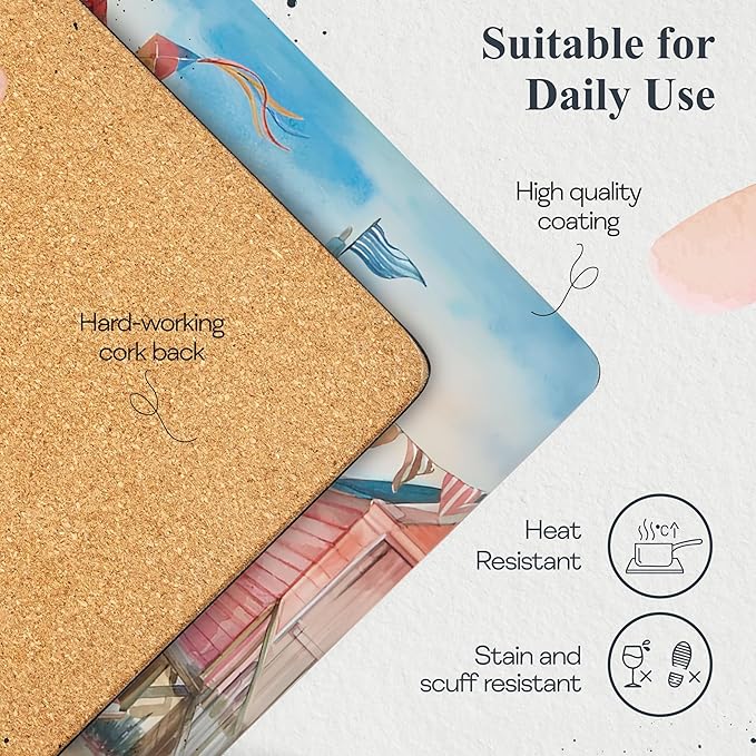 Pimpernel Beach Huts Placemats, Set of 4 - Durable Table Mats with Cork Back, Heat & Stain Resistant for Dining, Kitchen, Entertaining & Coastal Summer Style & Table Décor (12" x 16")