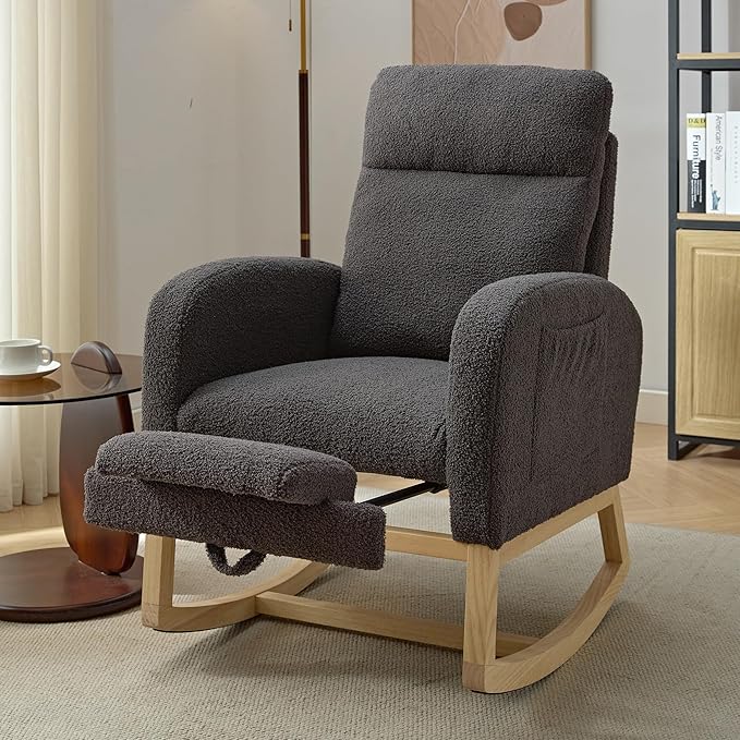 Nursery Rocking Chair with Foot Rest, Teddy Upholstered Nursery Glider Rocker Chair with Solid Wood Legs & 2 Side Pockets Comfy Armchair for Living Room Lounge Bedroom (A-Grey)
