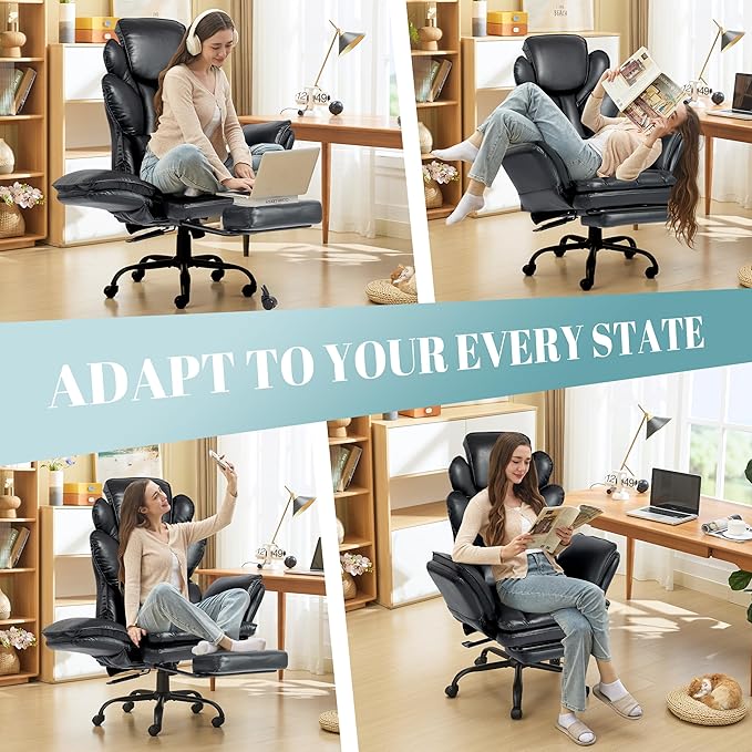 Flip Armrests Criss Cross Office Chair, Reclining Office Chair with Foot Rest, Adjustable Headrest, Massage Waist Pillow, Cross Legged Big and Tall Desk Chair Wide Seat Vanity Chair, PU Leather Black